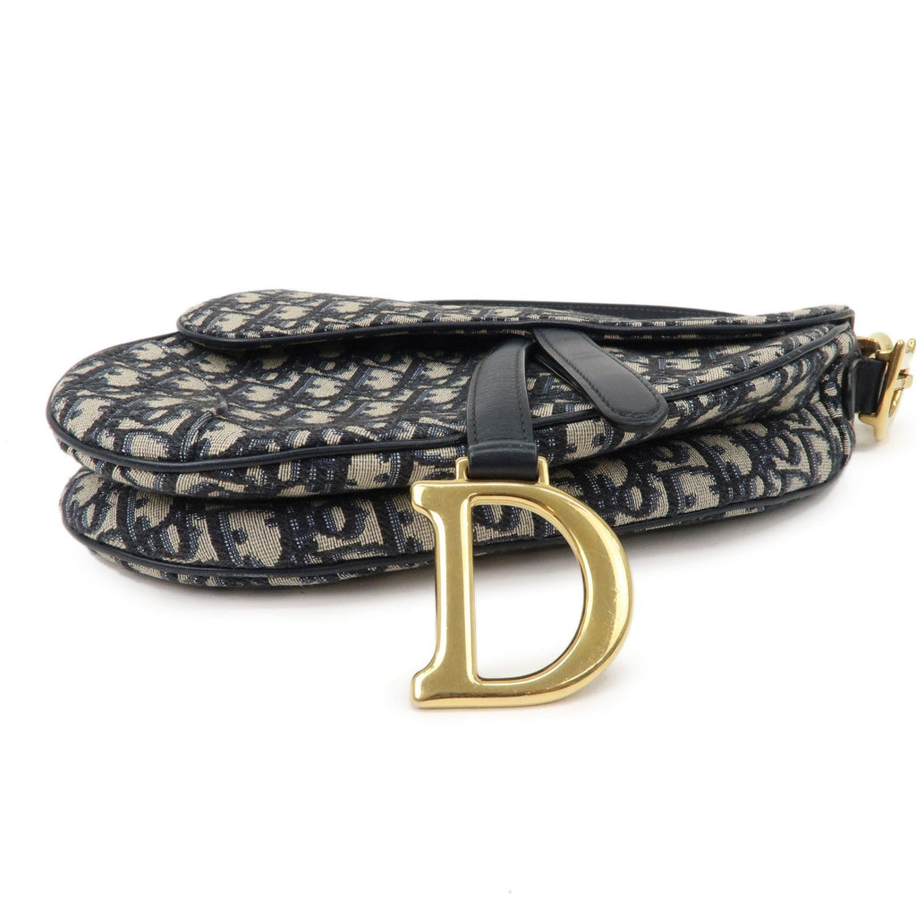 Christian Dior Saddle Bag Trotter Oblique Canvas Leather Navy