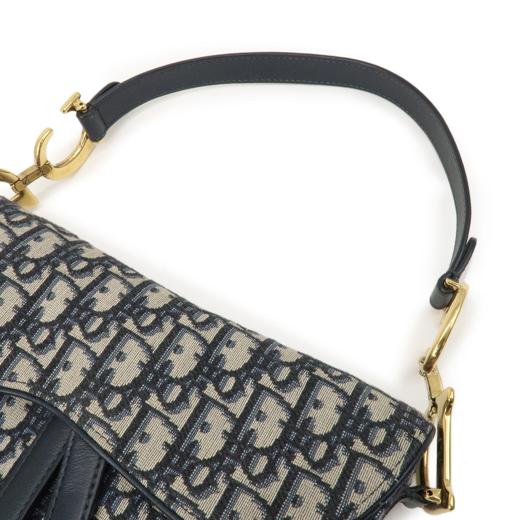 Christian Dior Saddle Bag Trotter Oblique Canvas Leather Navy