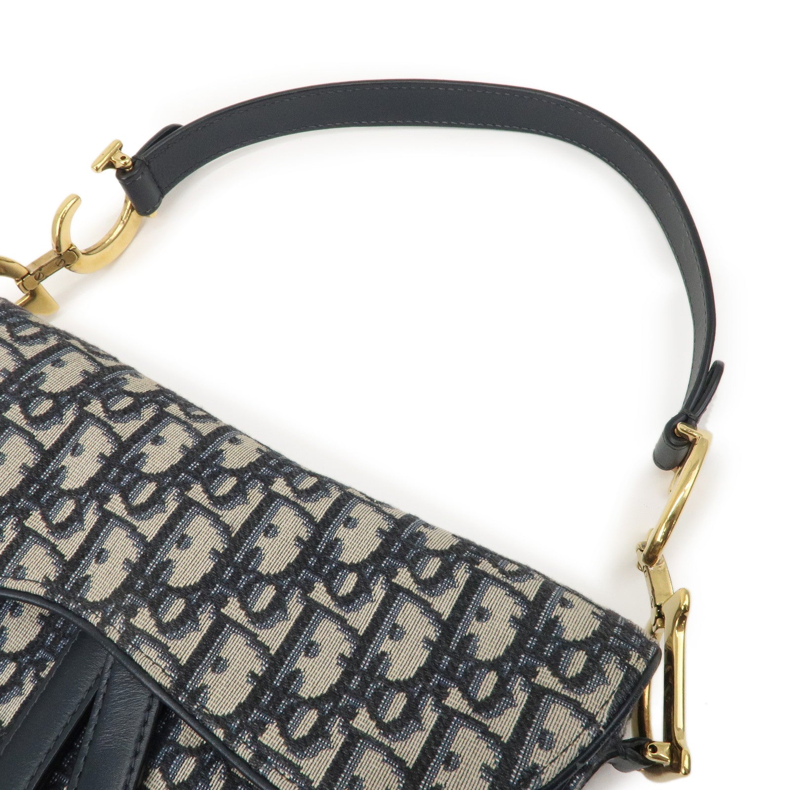 Christian Dior Saddle Bag Trotter Oblique Canvas Leather Navy