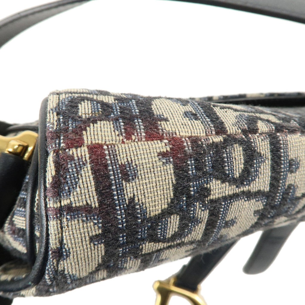 Christian Dior Saddle Bag Trotter Oblique Canvas Leather Navy