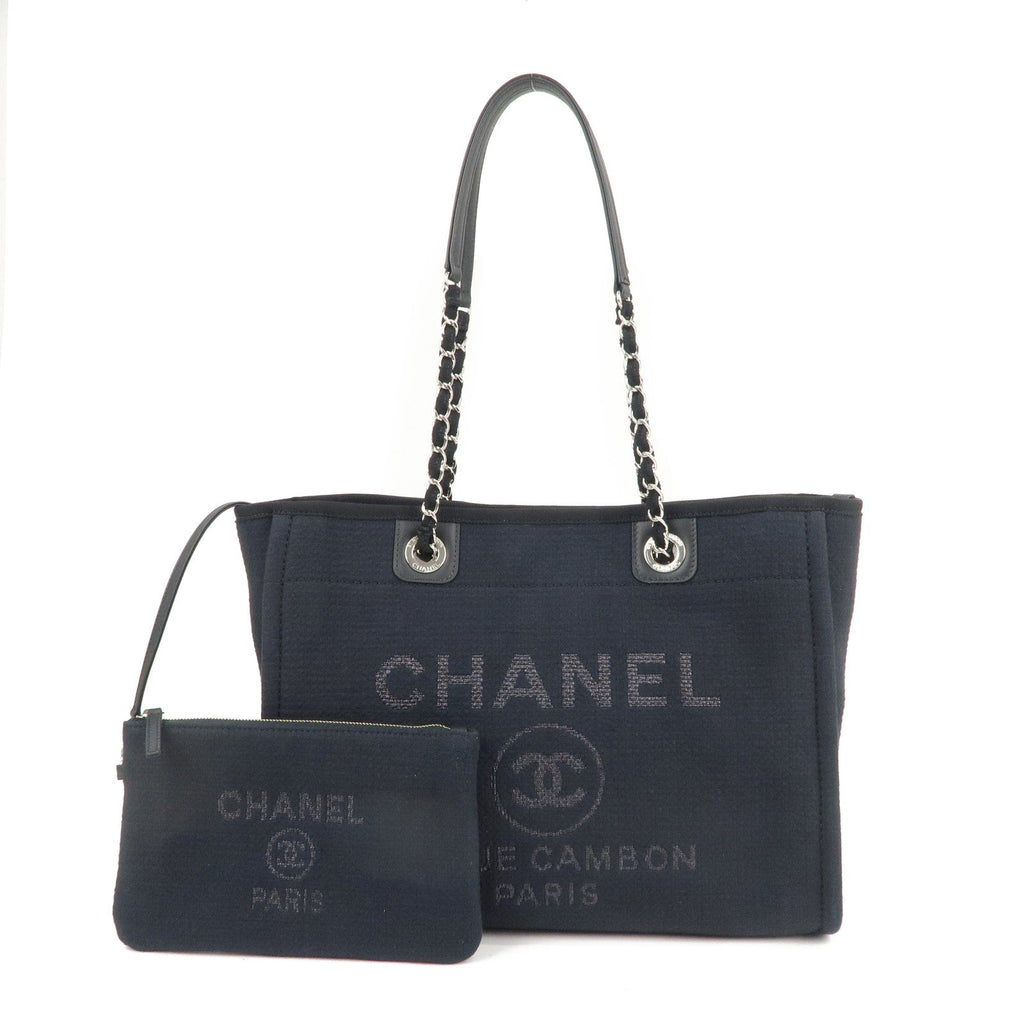 CHANEL Deauville Canvas Leather Chain Tote Bag Black A67001