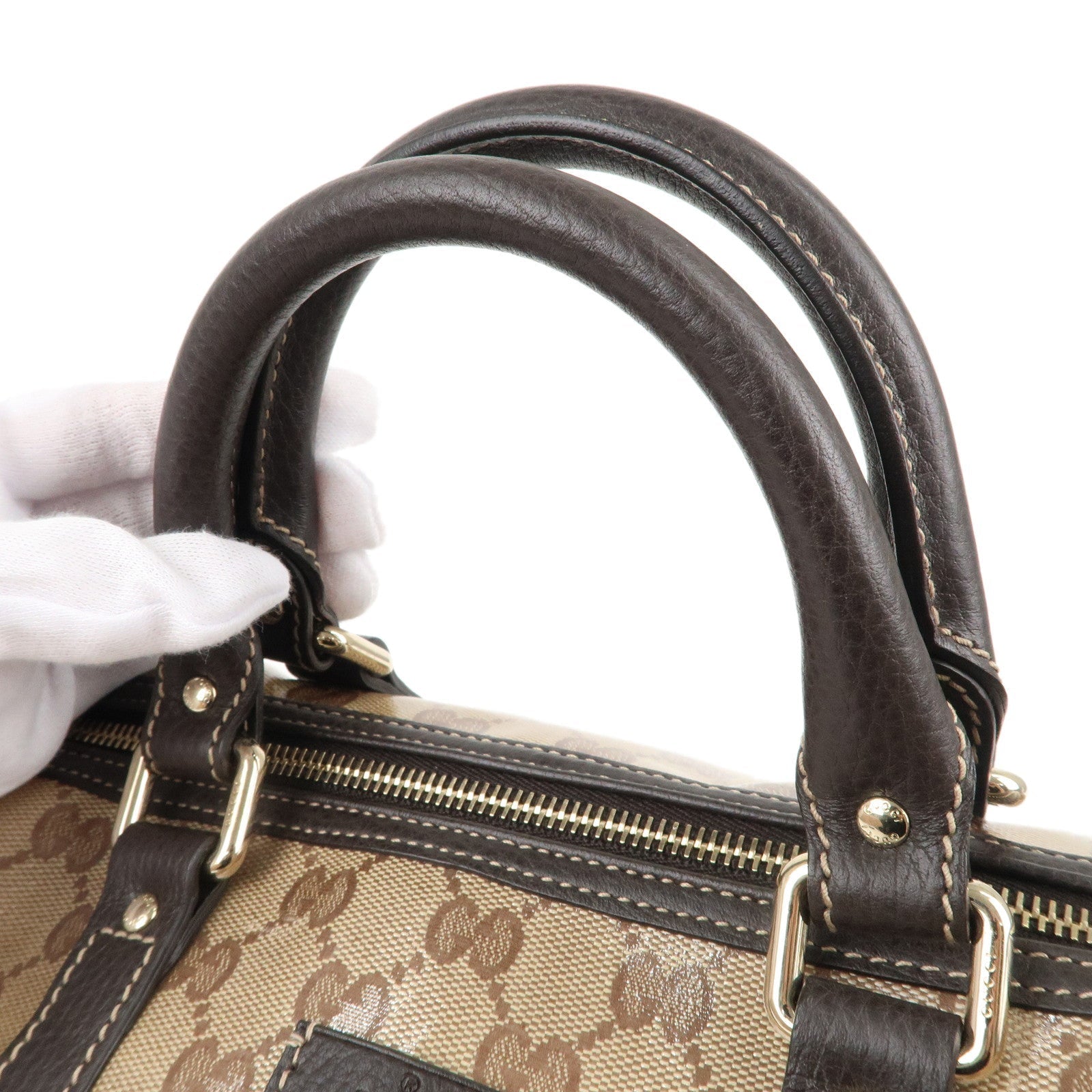 GUCCI GG Crystal Leather Boston Bag Hand bag Beige Brown 265697