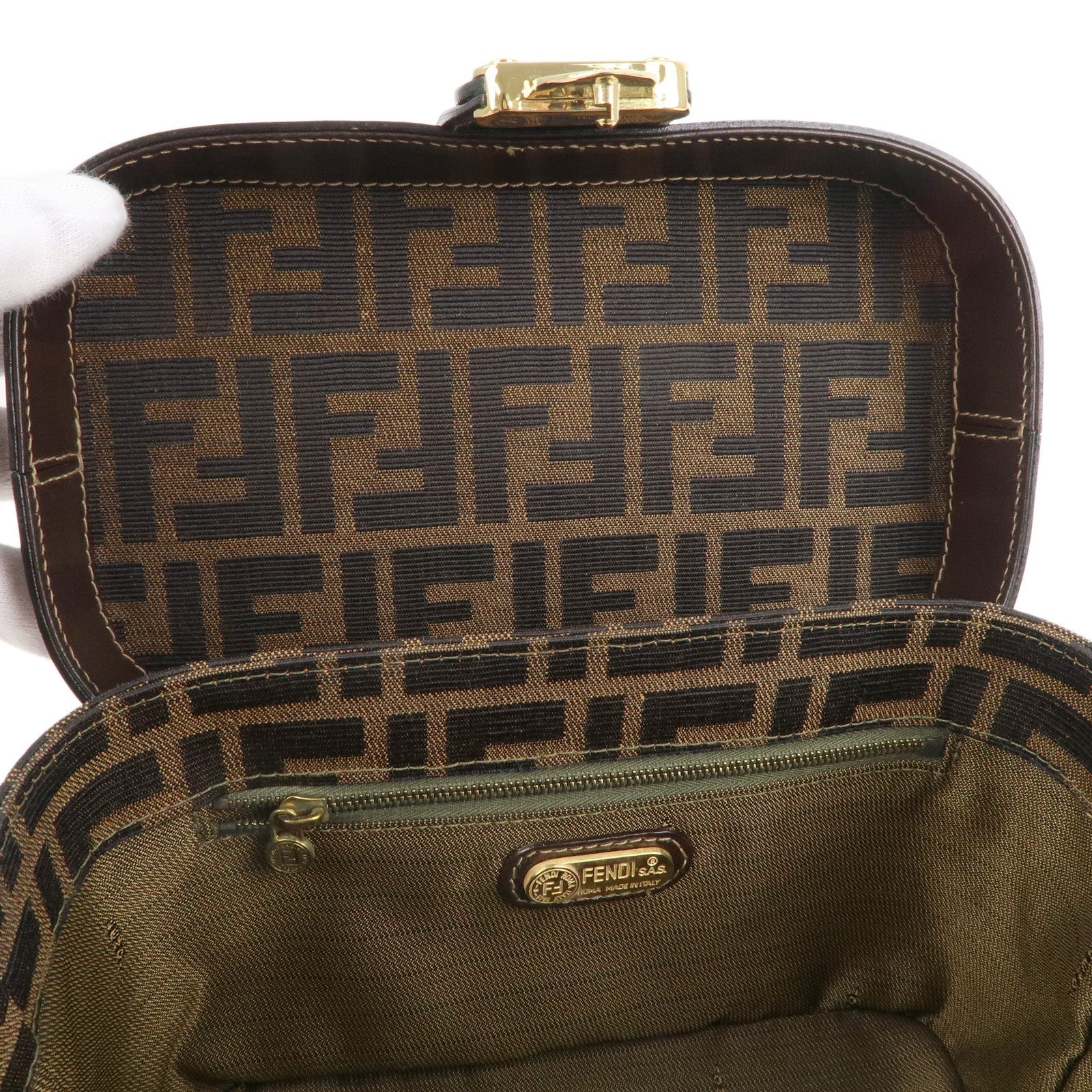 FENDI Zucca Canvas Leather Vanity Bag 2way Hand Bag 0914931