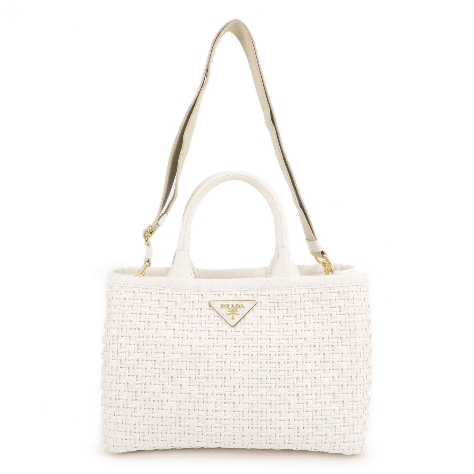 Prada Canapa Straw Canvas 2Way Bag Shoulder Bag White 1BG155