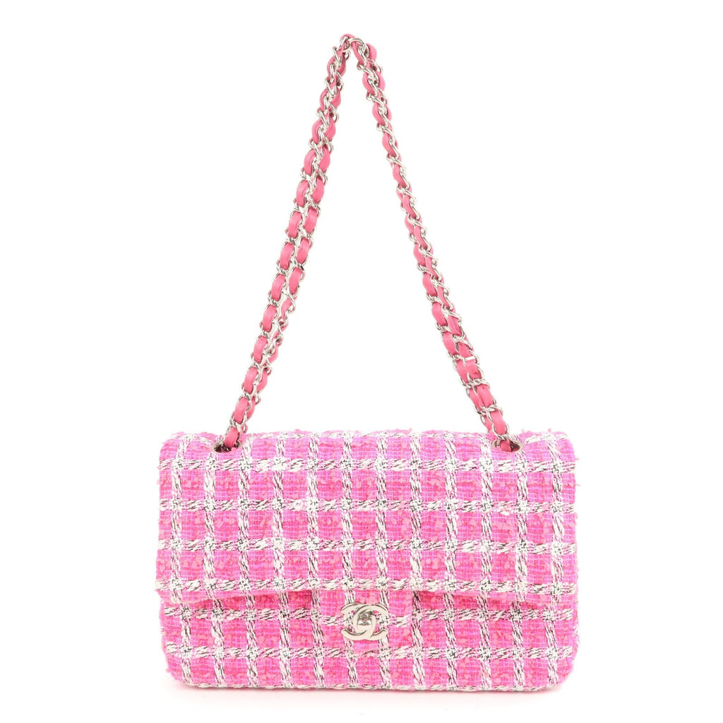 CHANEL Matelasse 25 Tweed Leather Chain W Flap Shoulder Bag Pink