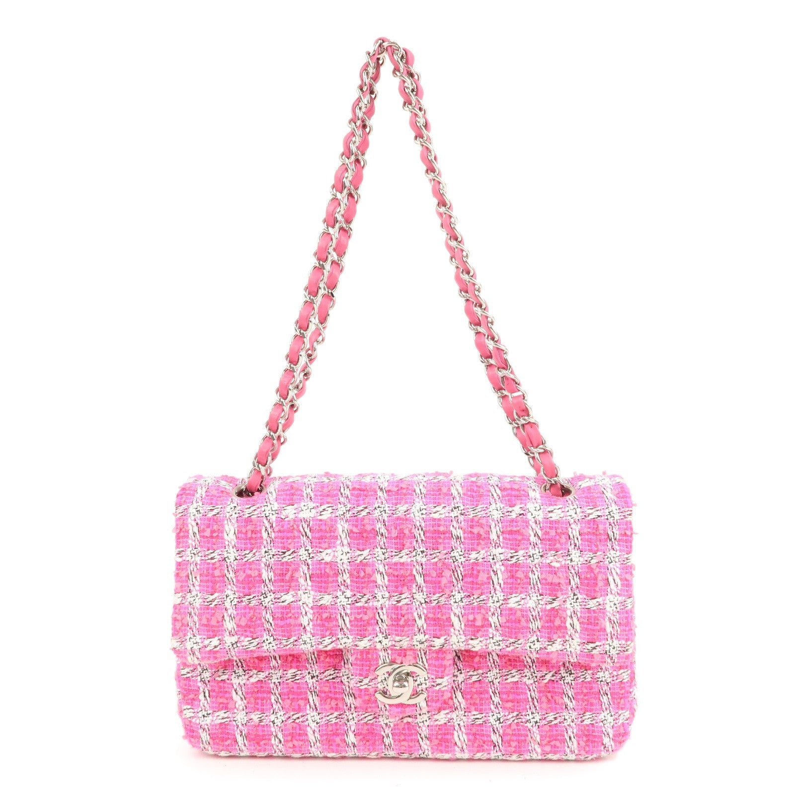 CHANEL Matelasse 25 Tweed Leather Chain W Flap Shoulder Bag Pink