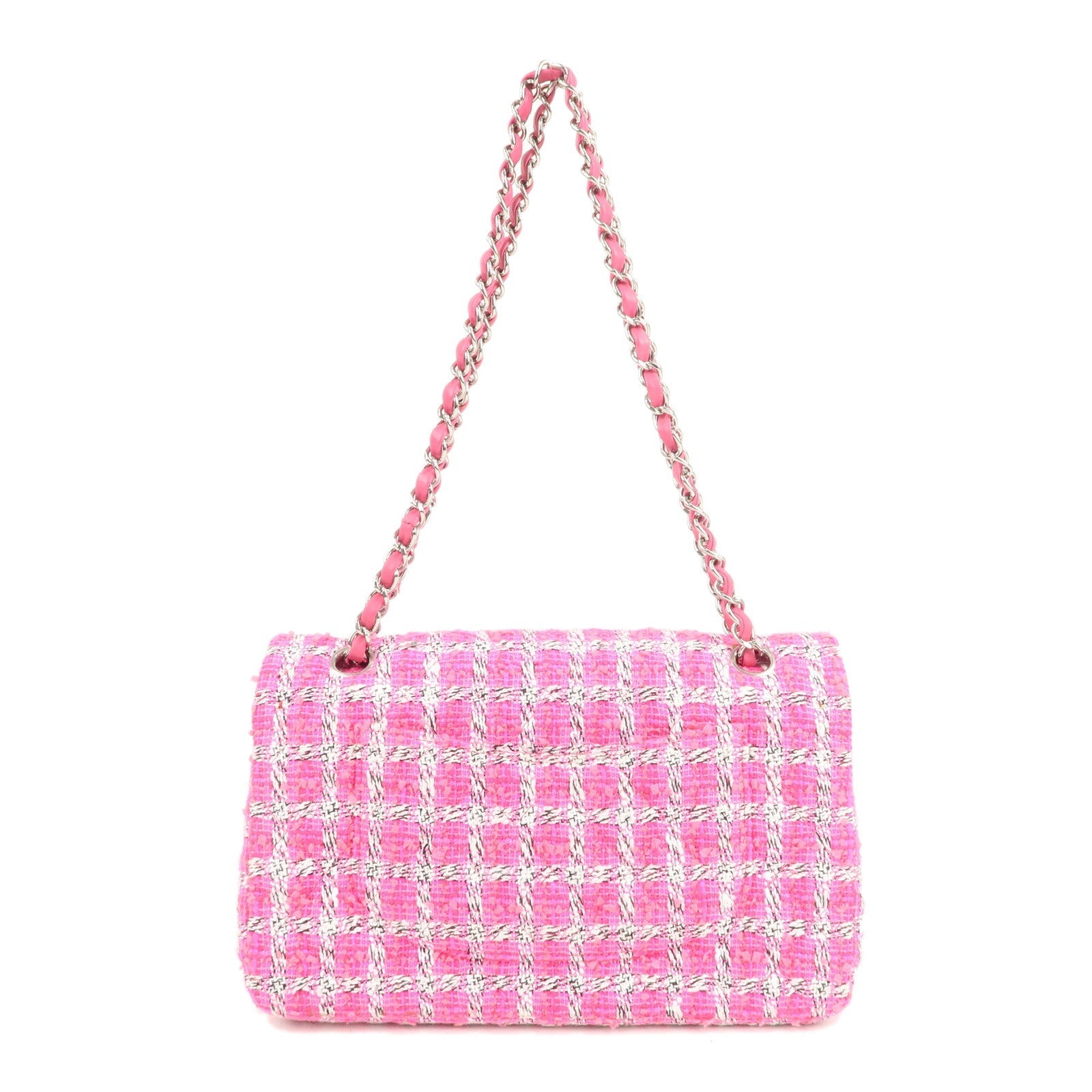 CHANEL Matelasse 25 Tweed Leather Chain W Flap Shoulder Bag Pink