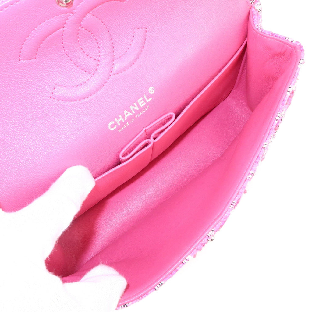 CHANEL Matelasse 25 Tweed Leather Chain W Flap Shoulder Bag Pink