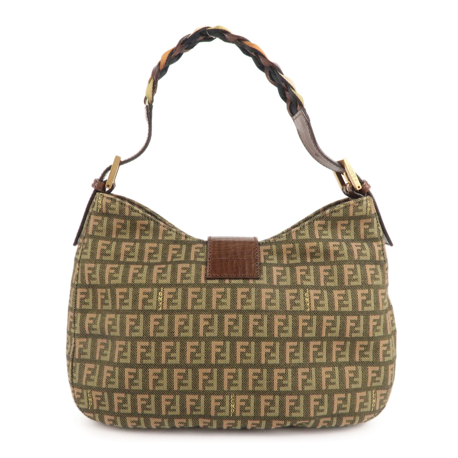 FENDI Zucchino Canvas Leather Shoulder Bag Khaki Brown 8BR036