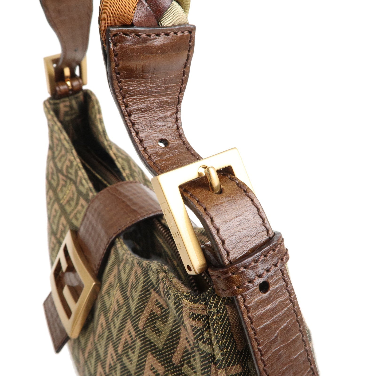FENDI Zucchino Canvas Leather Shoulder Bag Khaki Brown 8BR036