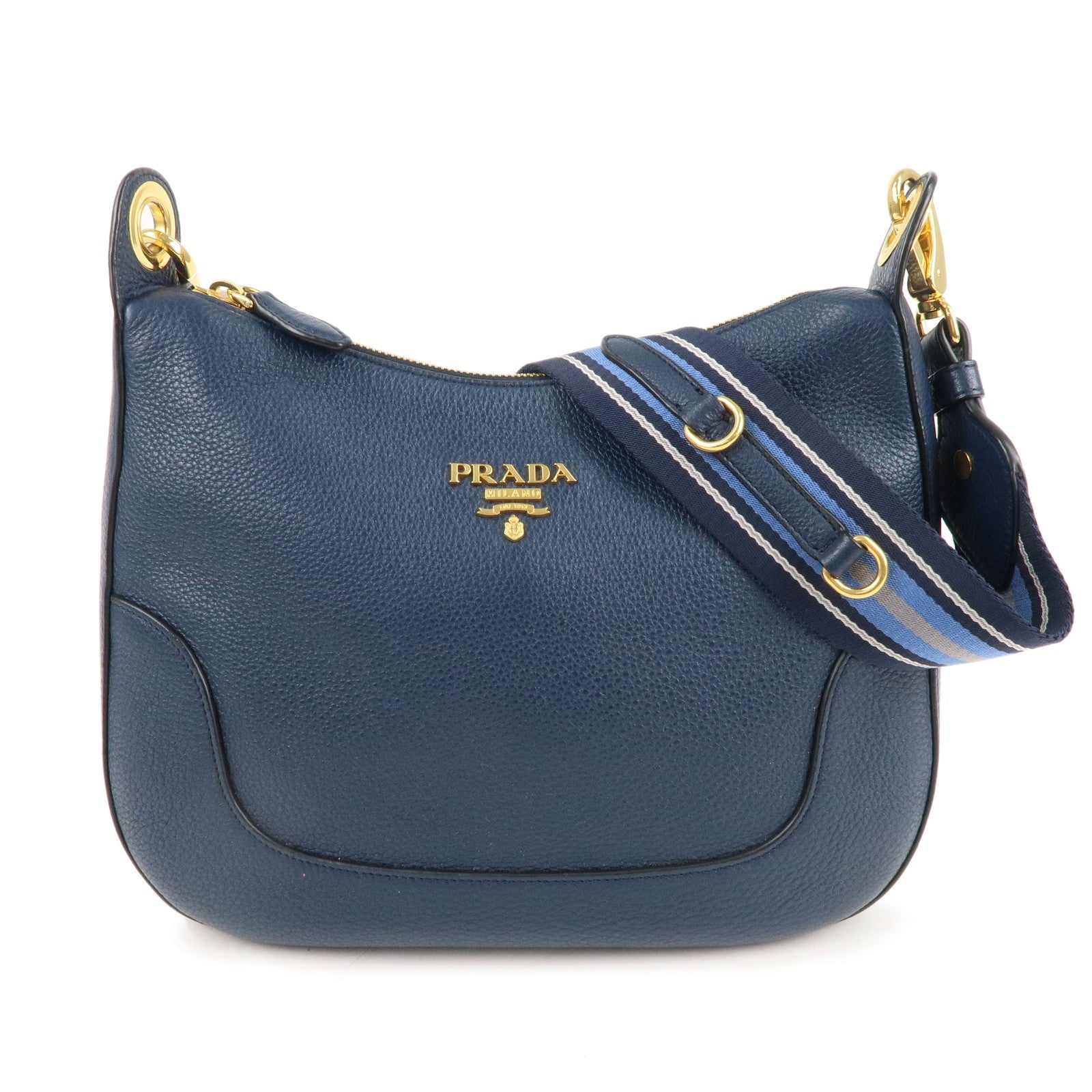 Prada Logo Leather Shoulder Bag Navy 1BC052