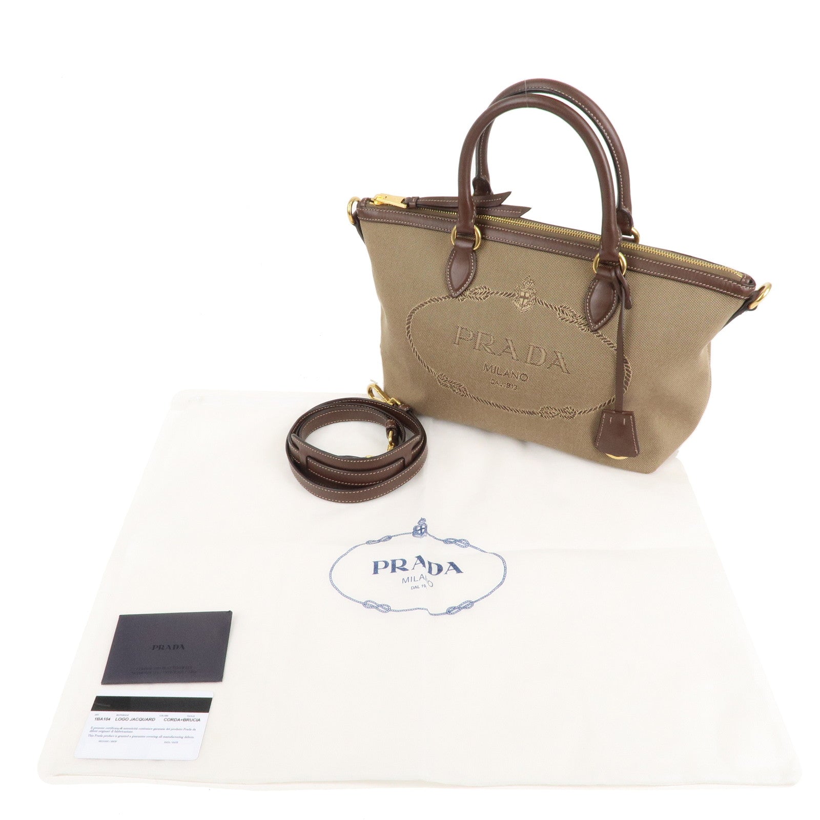 Prada Logo Jacquard Leather 2WAY Shoulder Bag Beige Brown IBA104