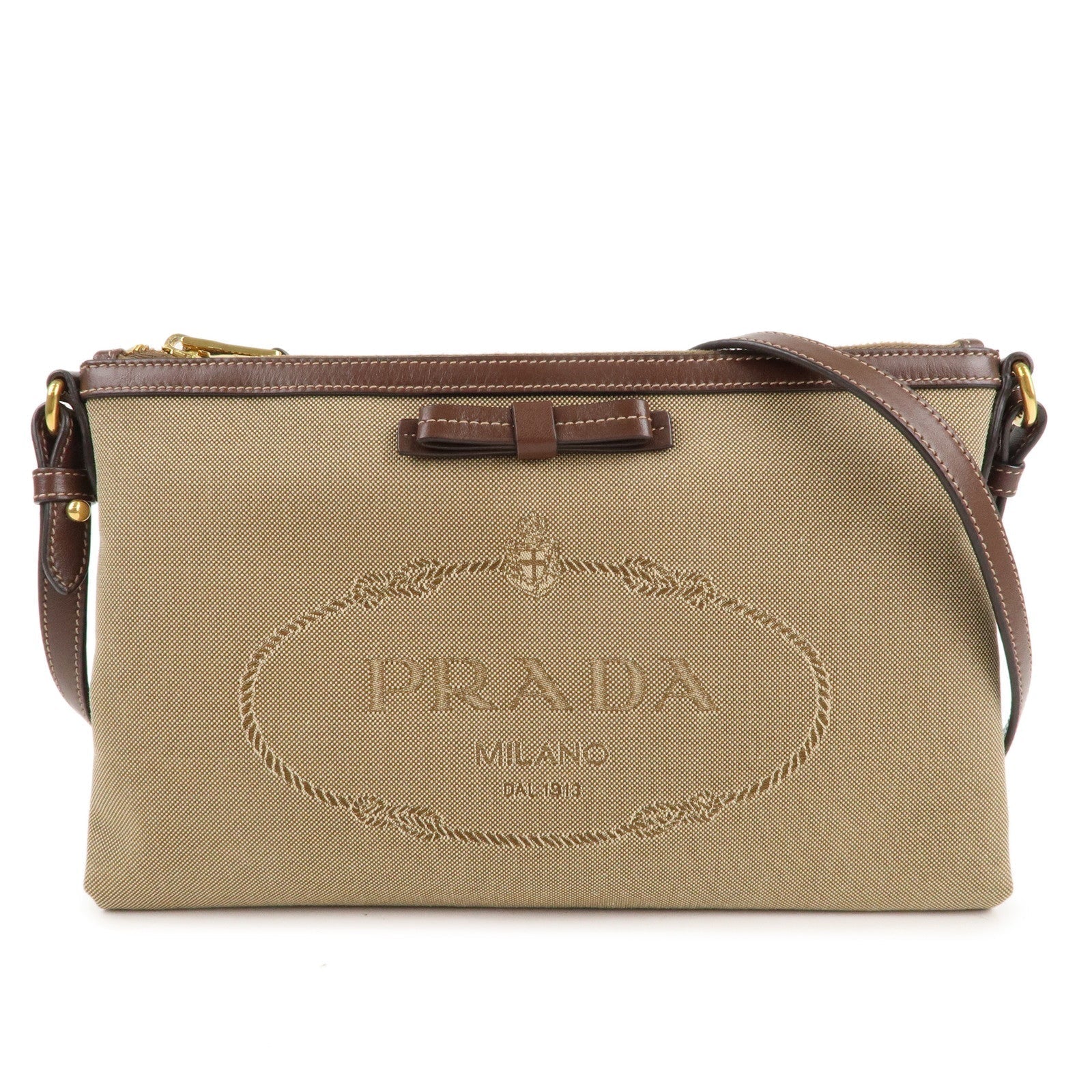 Prada Logo Jacquard Leather Shoulder Bag Beige Brown 1BH150