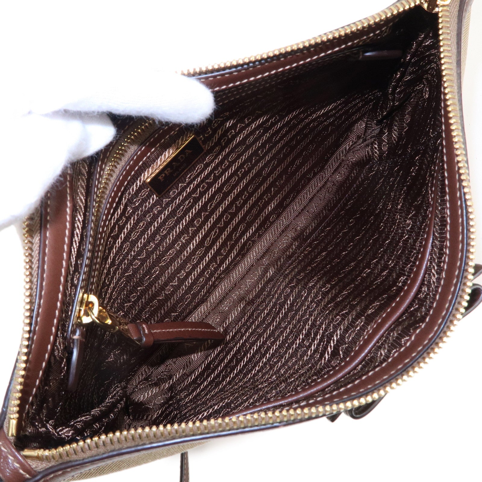 Prada Logo Jacquard Leather Shoulder Bag Beige Brown 1BH150