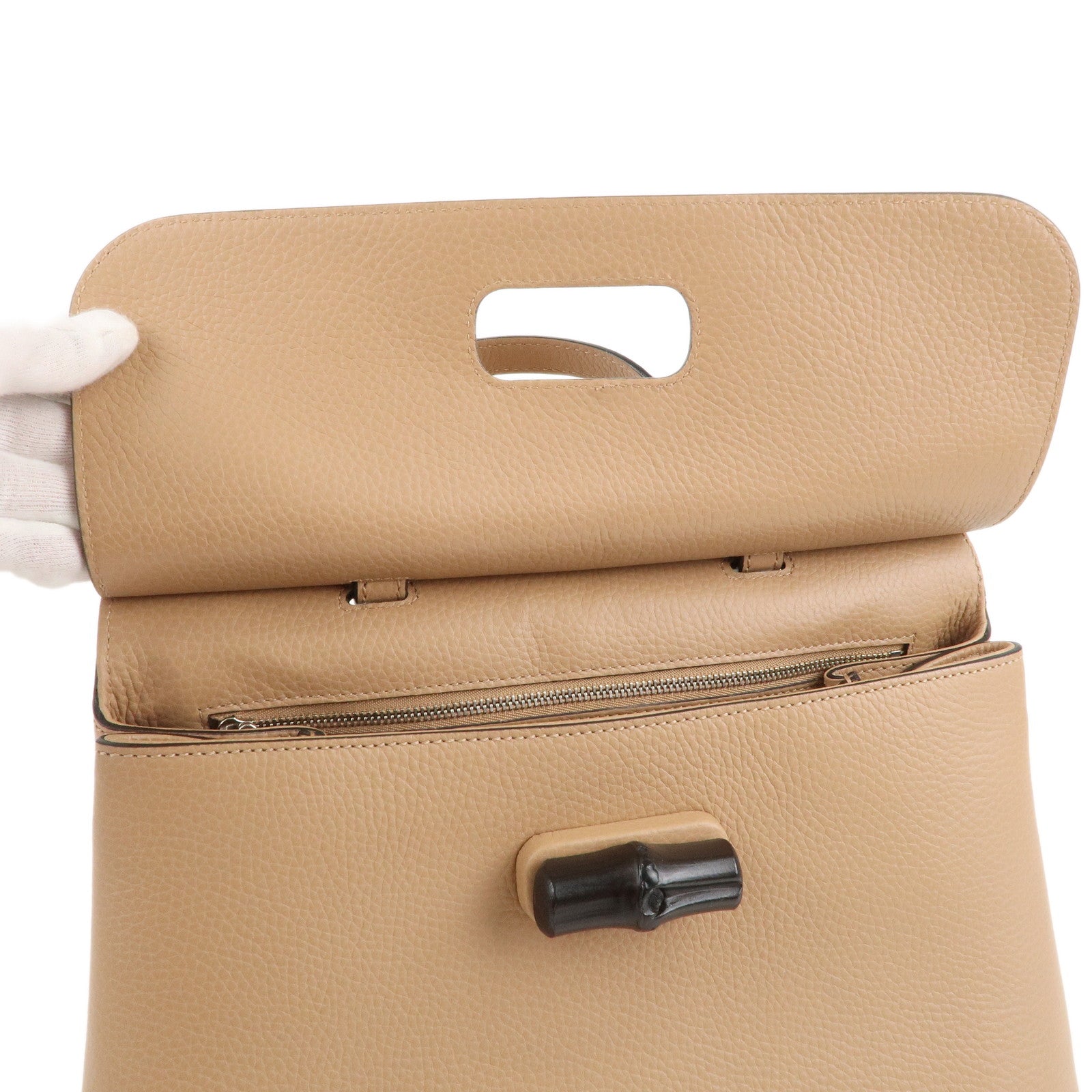 GUCCI Bamboo Daily Leather 2Way Bag Hand Bag Beige 392013