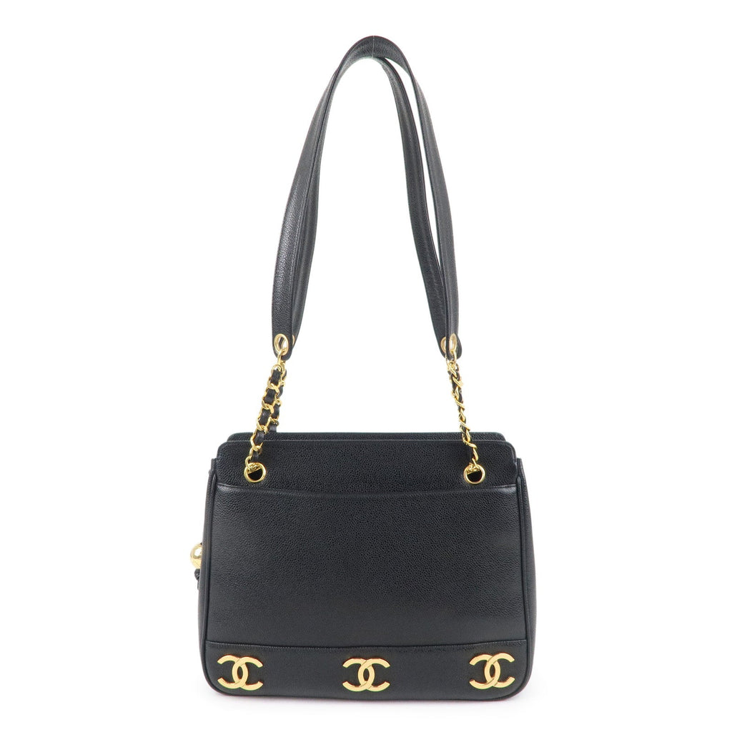 CHANEL Triple Coco Chain Caviar Skin Chain Tote Bag Black A03675