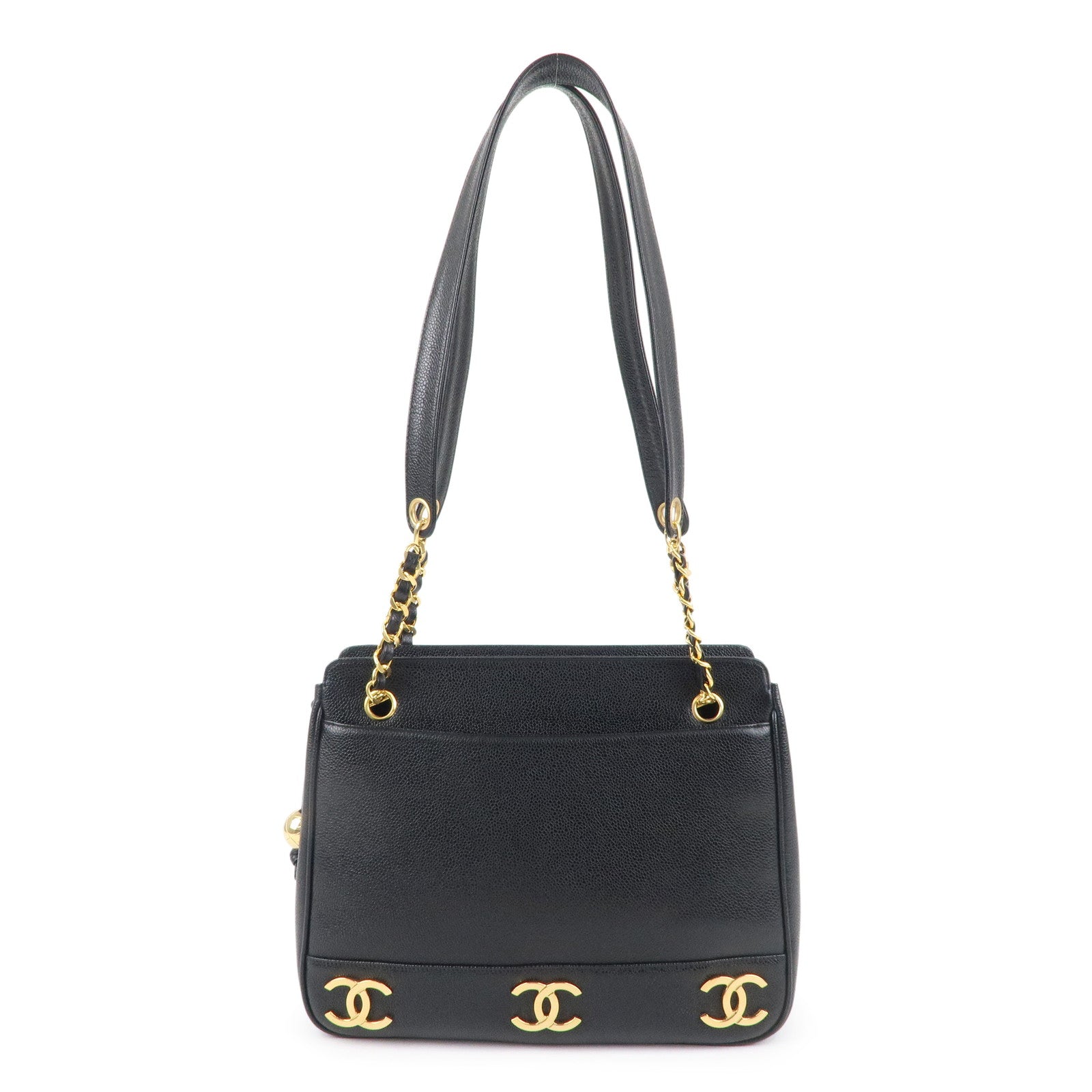 CHANEL Triple Coco Chain Caviar Skin Chain Tote Bag Black A03675