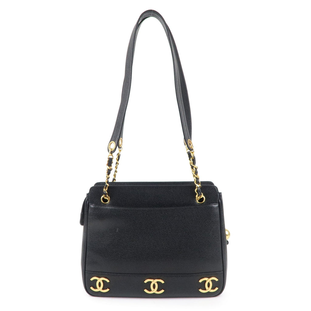 CHANEL Triple Coco Chain Caviar Skin Chain Tote Bag Black A03675
