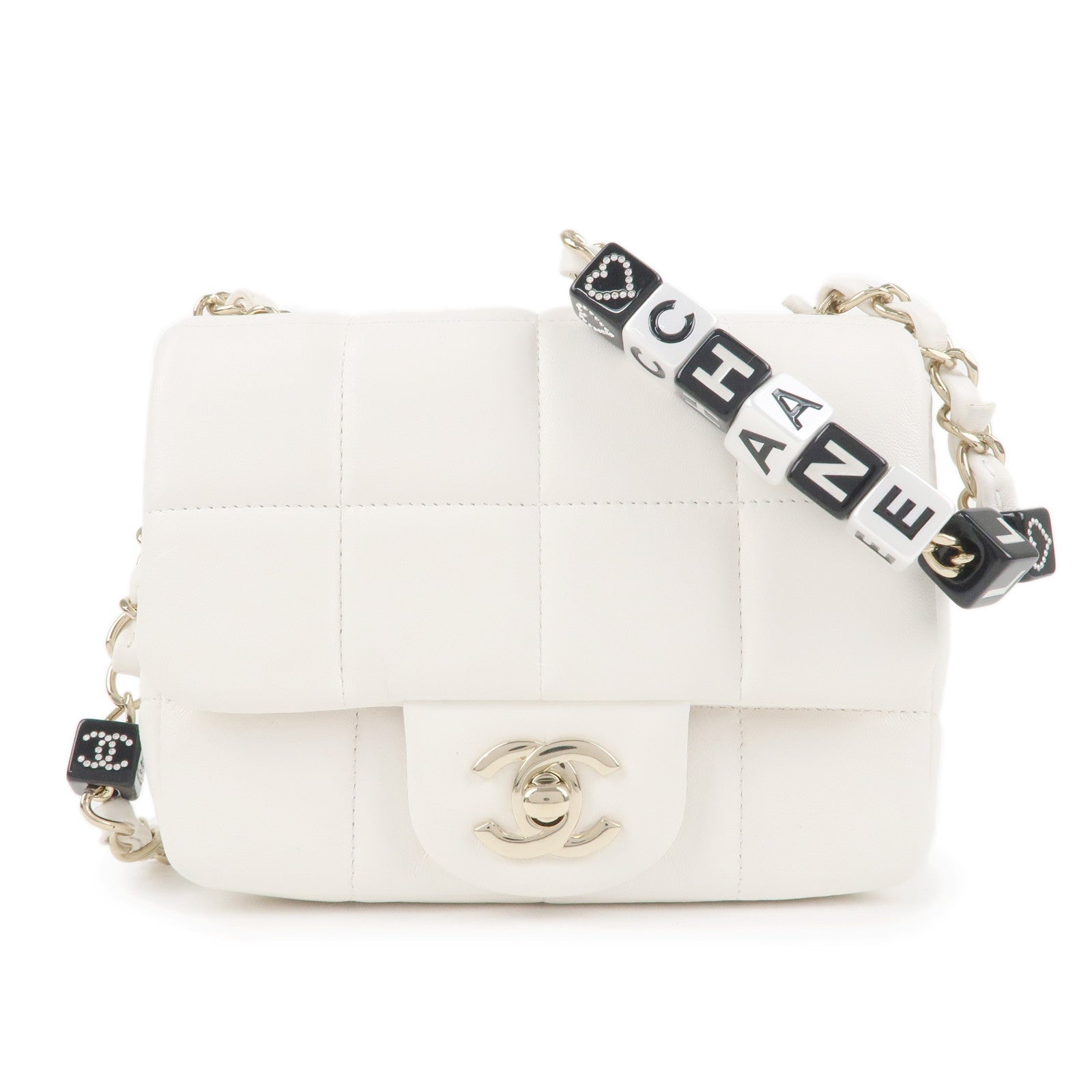 CHANEL Chocolate Bar Mini Matelasse Lamb Skin Shoulder Bag White