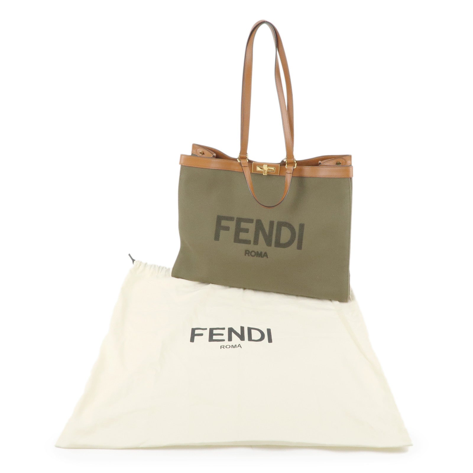 FENDI Peekaboo X Canvas Leather 2Way Tote Bag Khaki Brown 8BH375