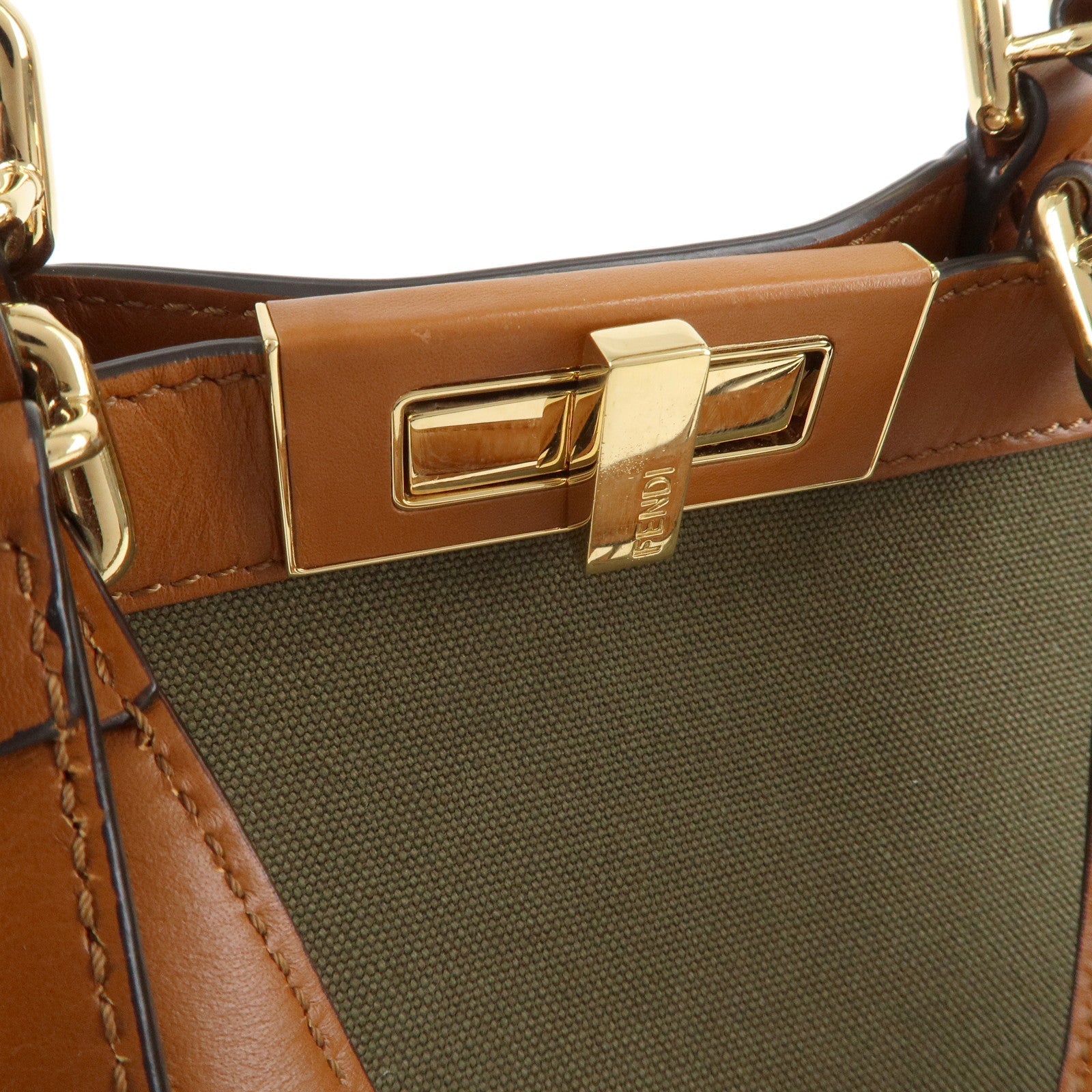 FENDI Peekaboo X Canvas Leather 2Way Tote Bag Khaki Brown 8BH375