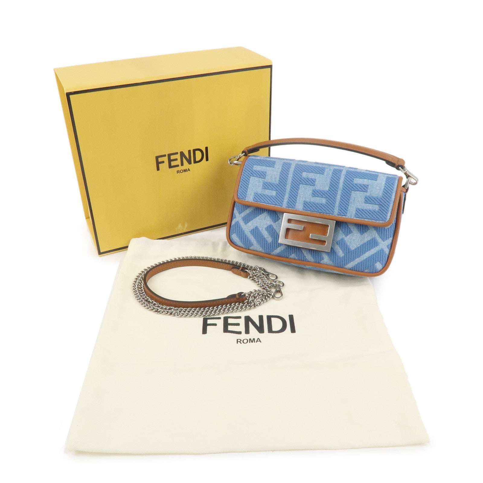 FENDI Zucca Denim Leather Baguette 2Way Hand Bag Blue 8BS017
