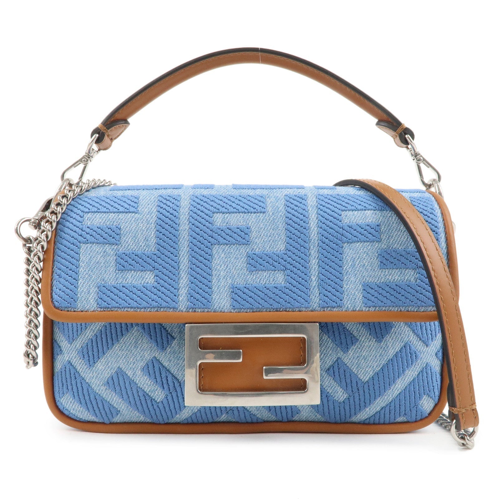 FENDI Zucca Denim Leather Baguette 2Way Hand Bag Blue 8BS017