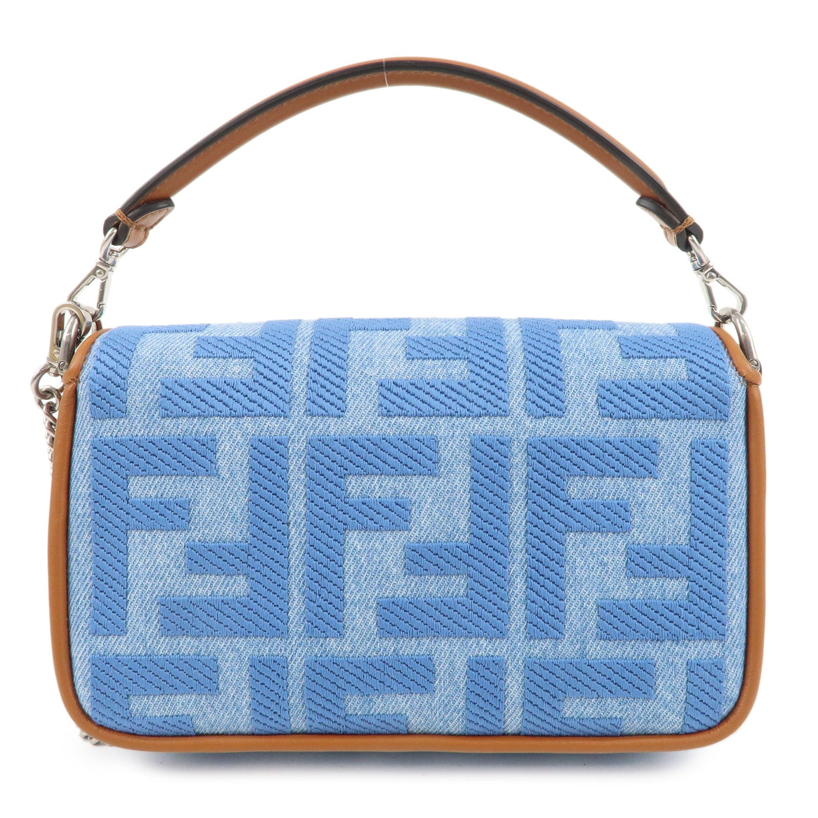 FENDI Zucca Denim Leather Baguette 2Way Hand Bag Blue 8BS017