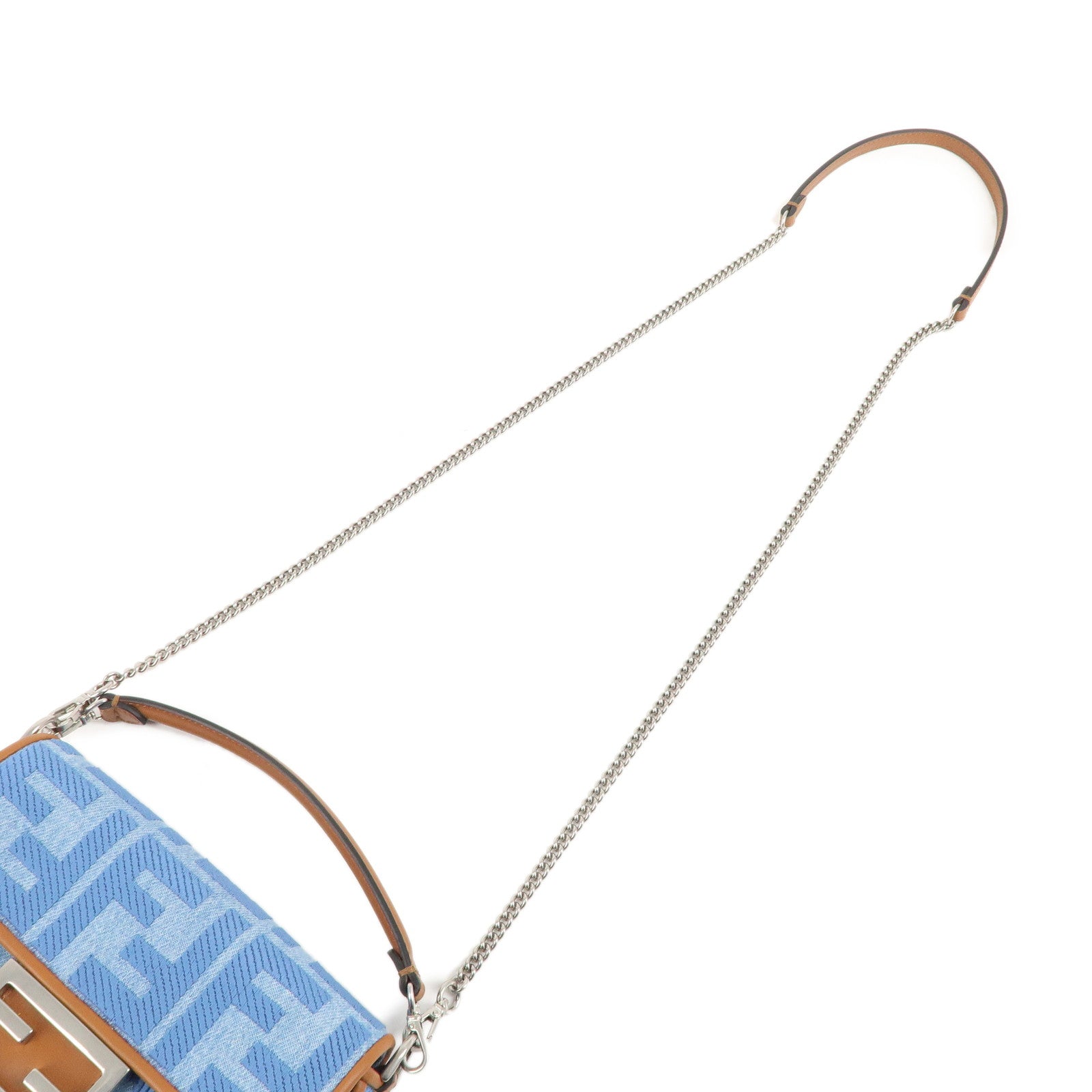 FENDI Zucca Denim Leather Baguette 2Way Hand Bag Blue 8BS017