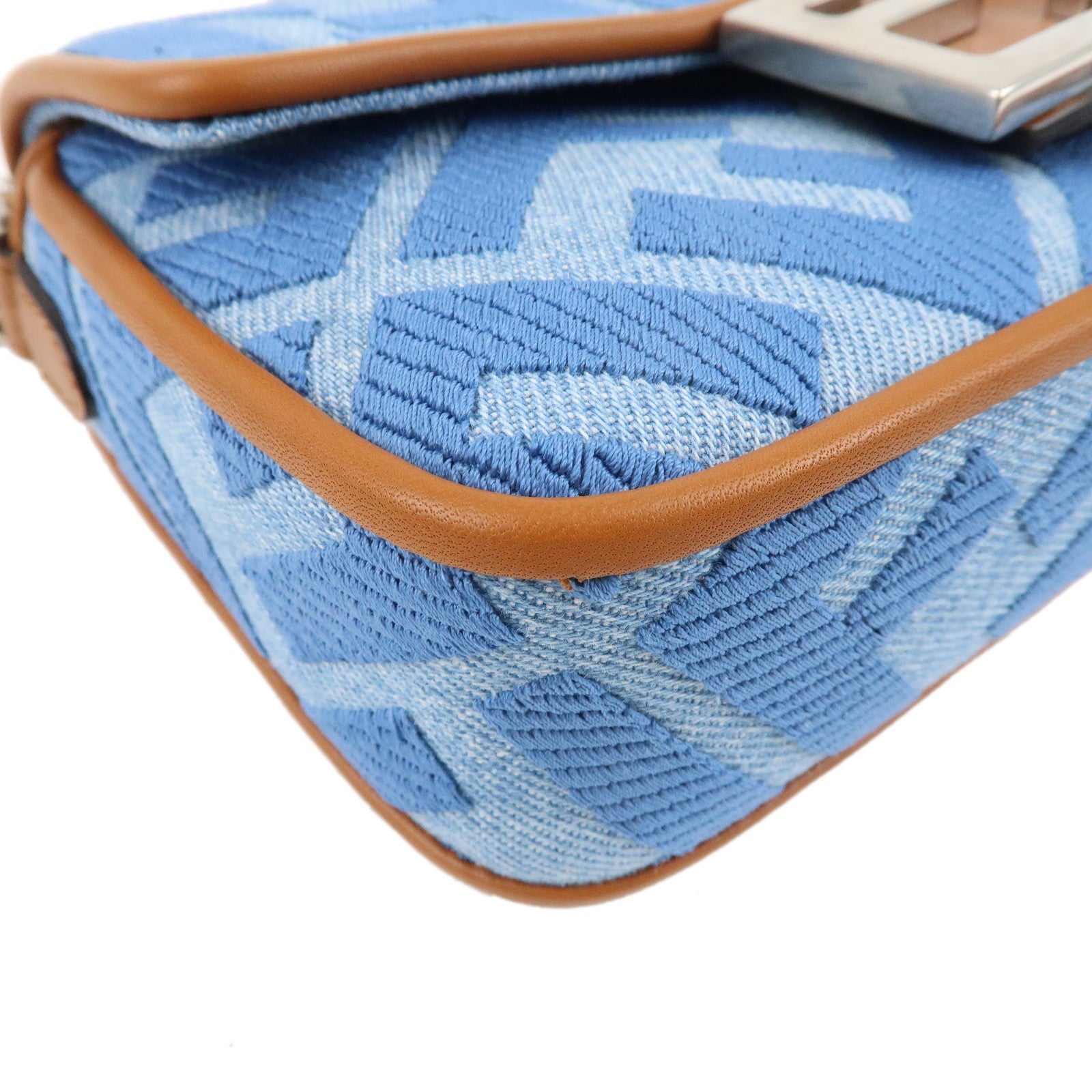 FENDI Zucca Denim Leather Baguette 2Way Hand Bag Blue 8BS017
