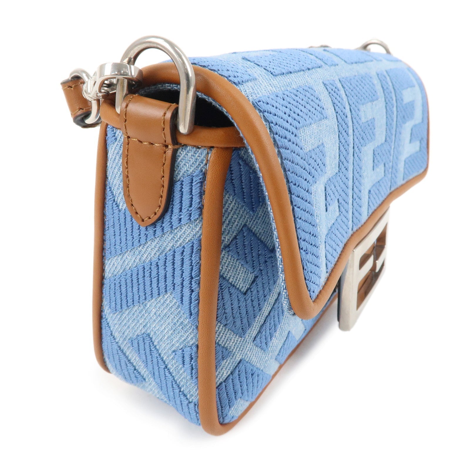 FENDI Zucca Denim Leather Baguette 2Way Hand Bag Blue 8BS017