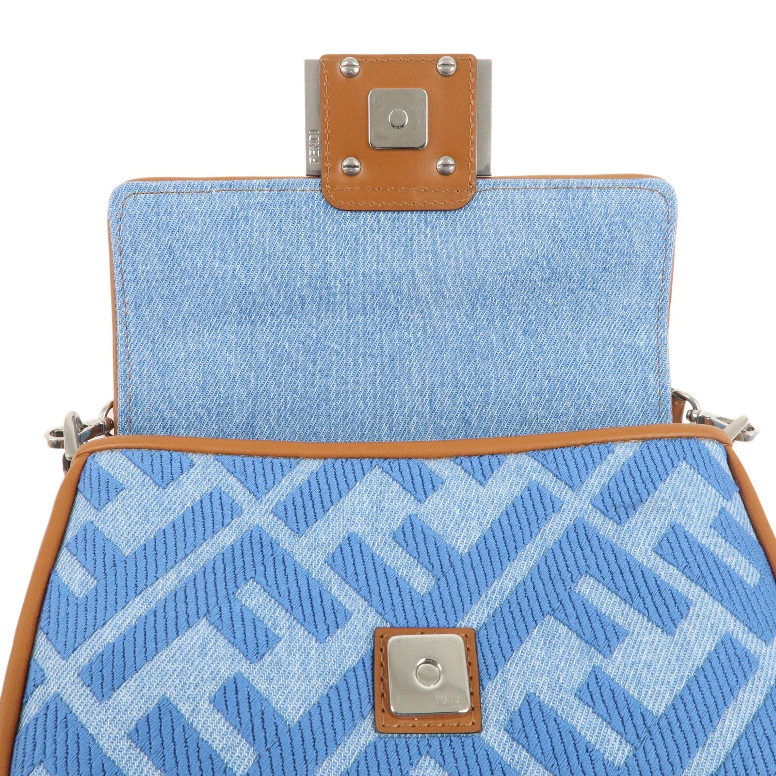 FENDI Zucca Denim Leather Baguette 2Way Hand Bag Blue 8BS017