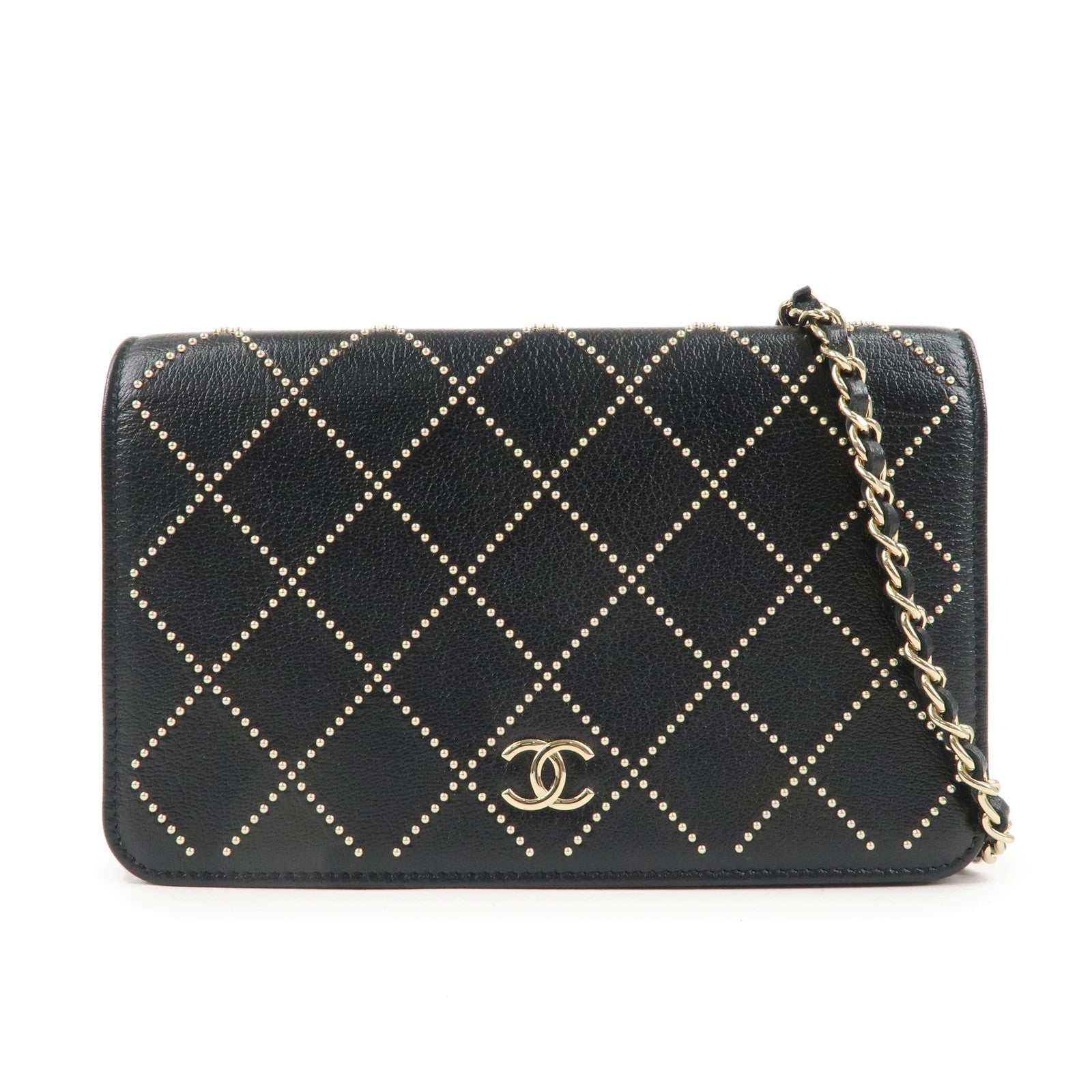 CHANEL Matelasse Leather Shoulder Bag Chain On Wallet WOC Black