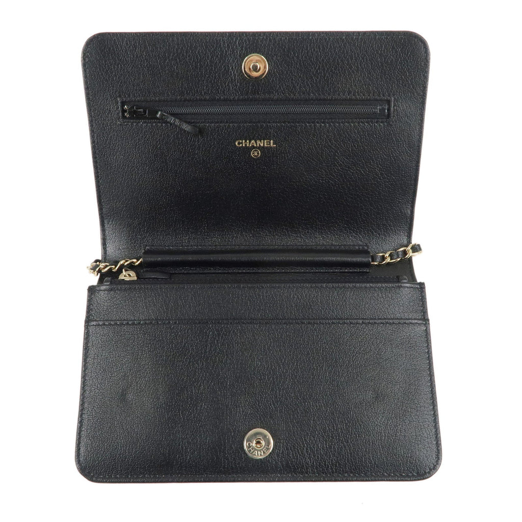 CHANEL Matelasse Leather Shoulder Bag Chain On Wallet WOC Black