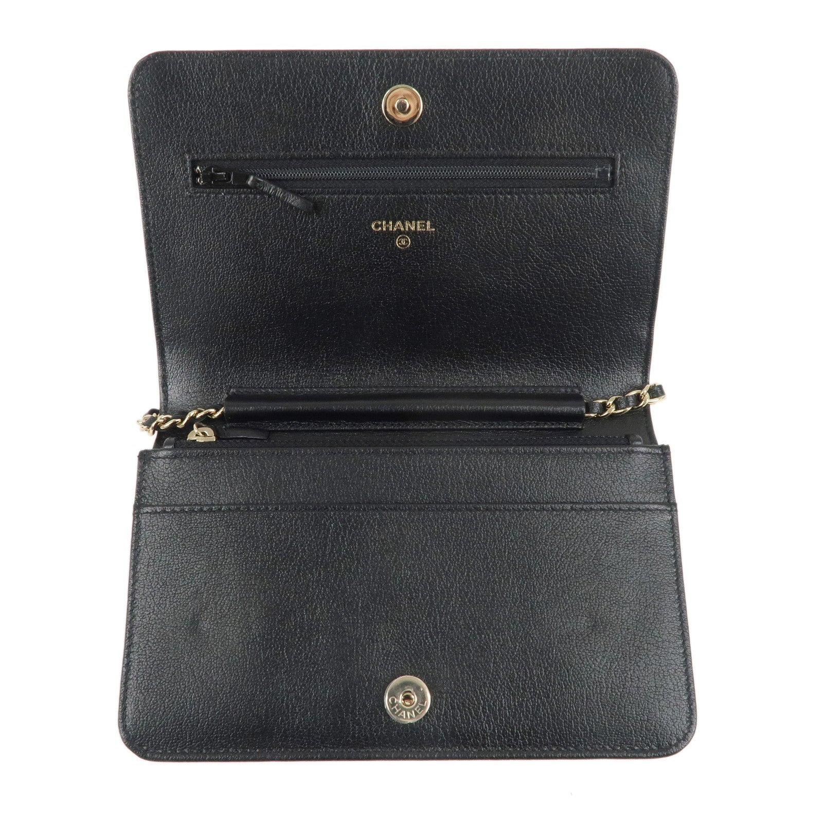CHANEL Matelasse Leather Shoulder Bag Chain On Wallet WOC Black