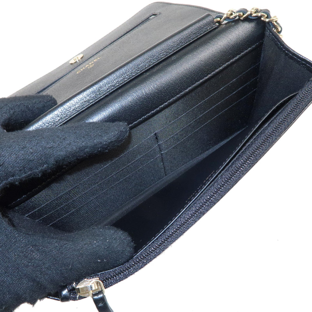 CHANEL Matelasse Leather Shoulder Bag Chain On Wallet WOC Black