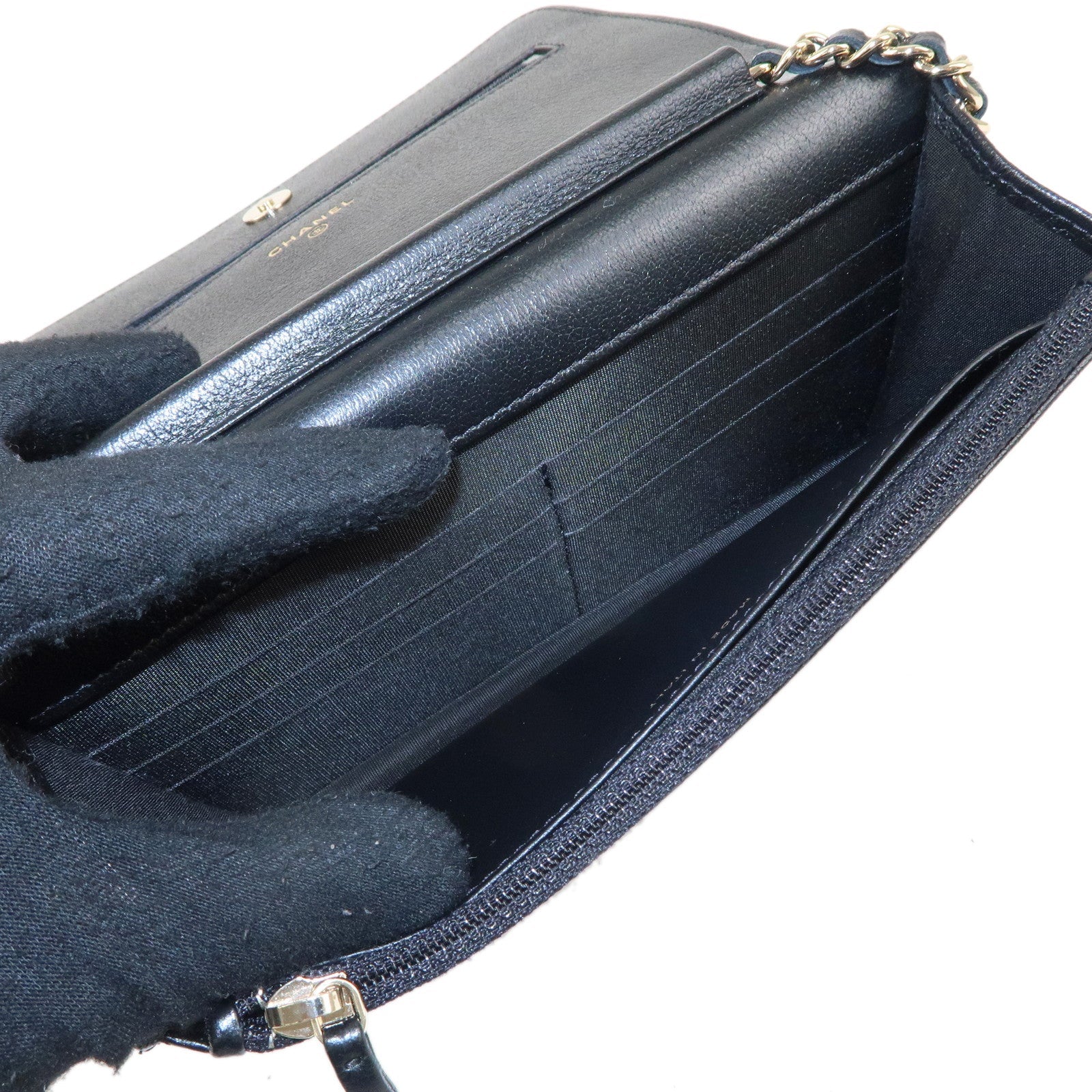 CHANEL Matelasse Leather Shoulder Bag Chain On Wallet WOC Black