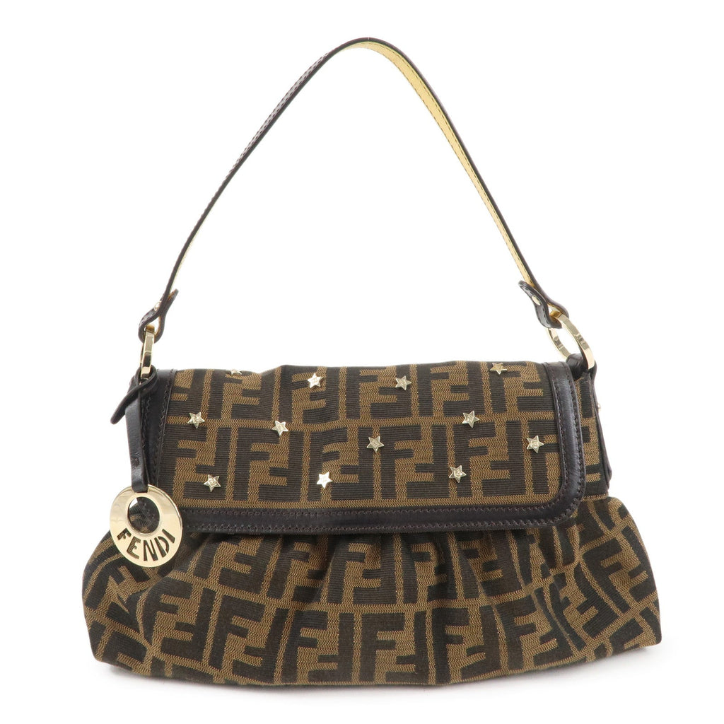 FENDI Zucca Canvas Leather Shoulder Bag Brown Black 8BR445