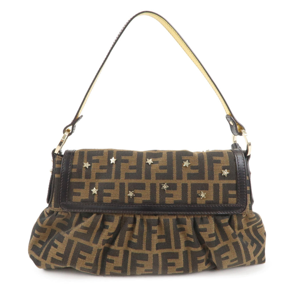 FENDI Zucca Canvas Leather Shoulder Bag Brown Black 8BR445