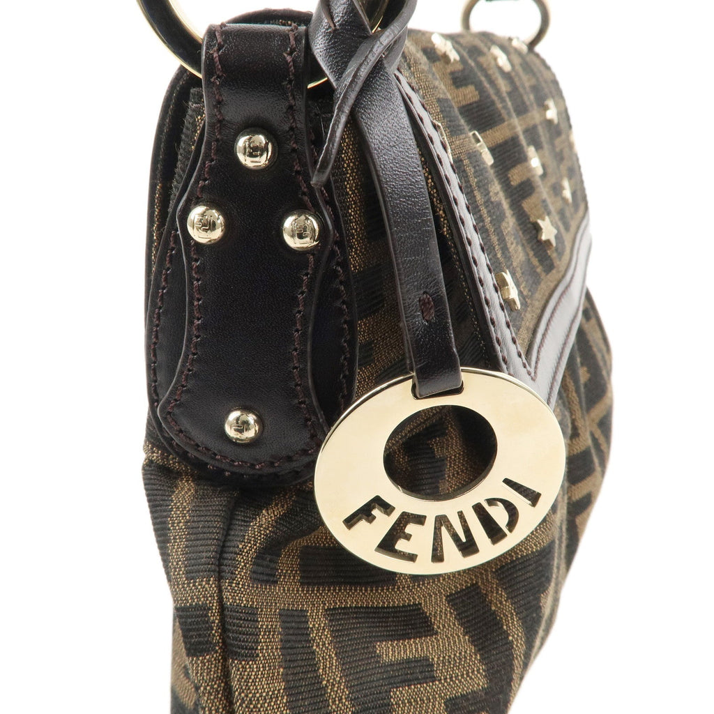 FENDI Zucca Canvas Leather Shoulder Bag Brown Black 8BR445