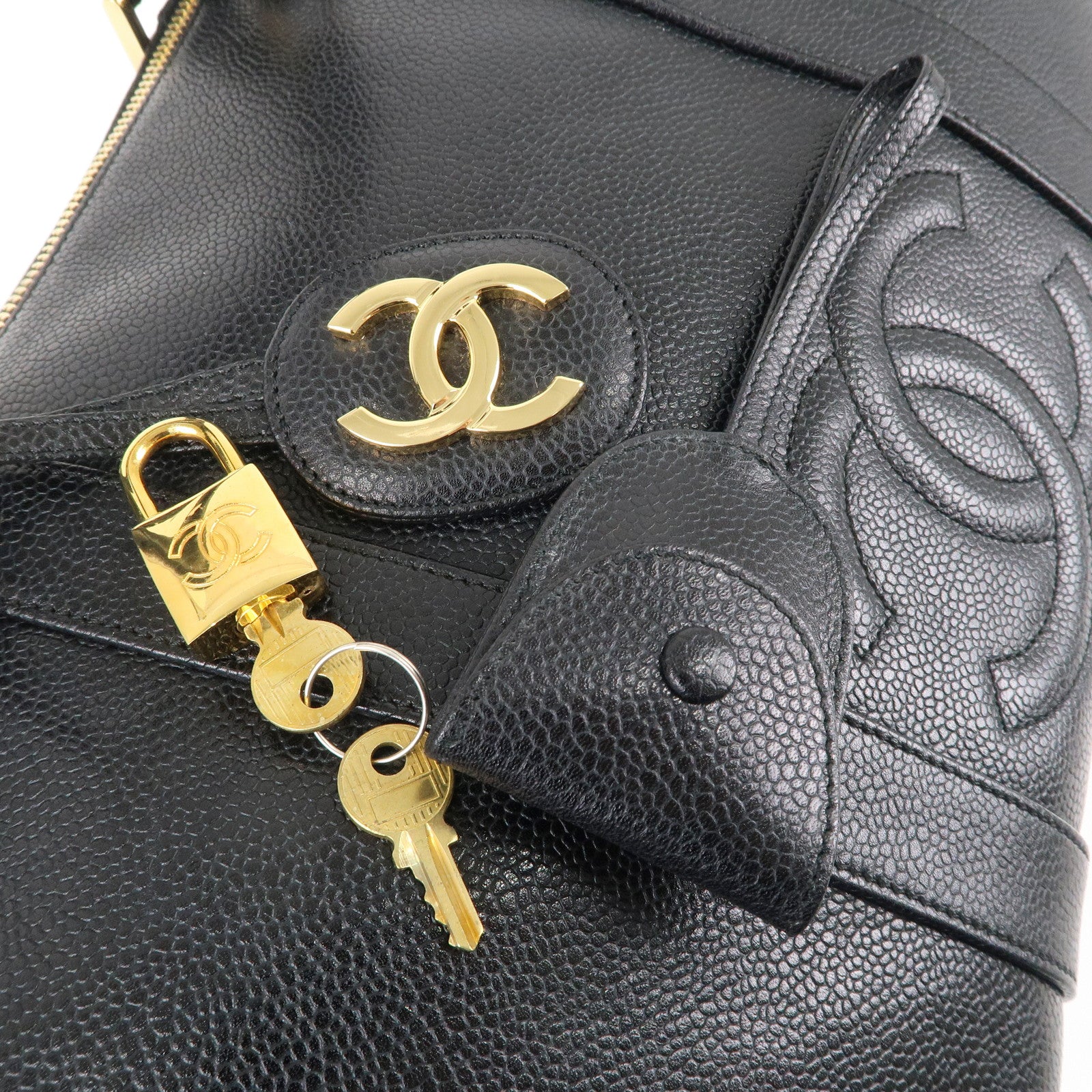 CHANEL Caviar Skin 2WAY Boston Bag Shoulder Bag Black Gold HDW
