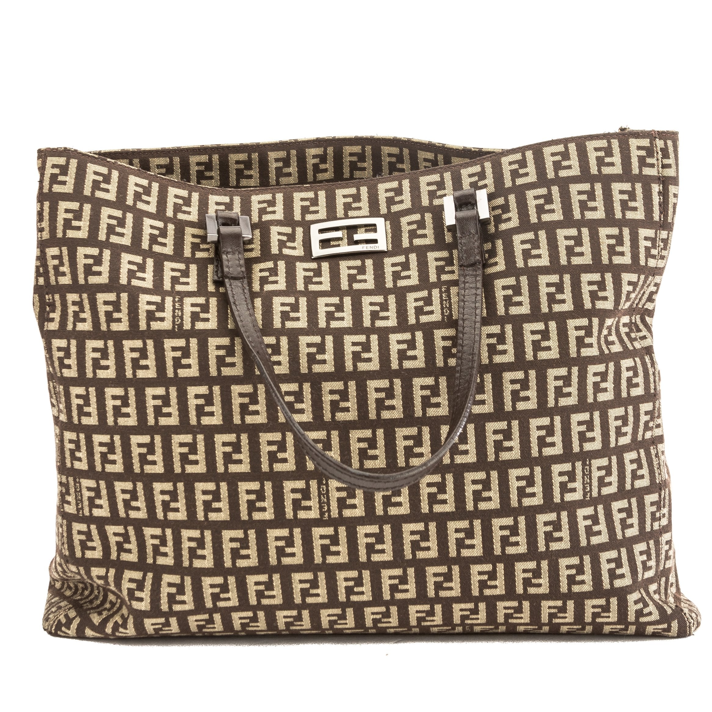 Fendi Brown Leather Zucca Canvas Tote Bag (Pre Owned)