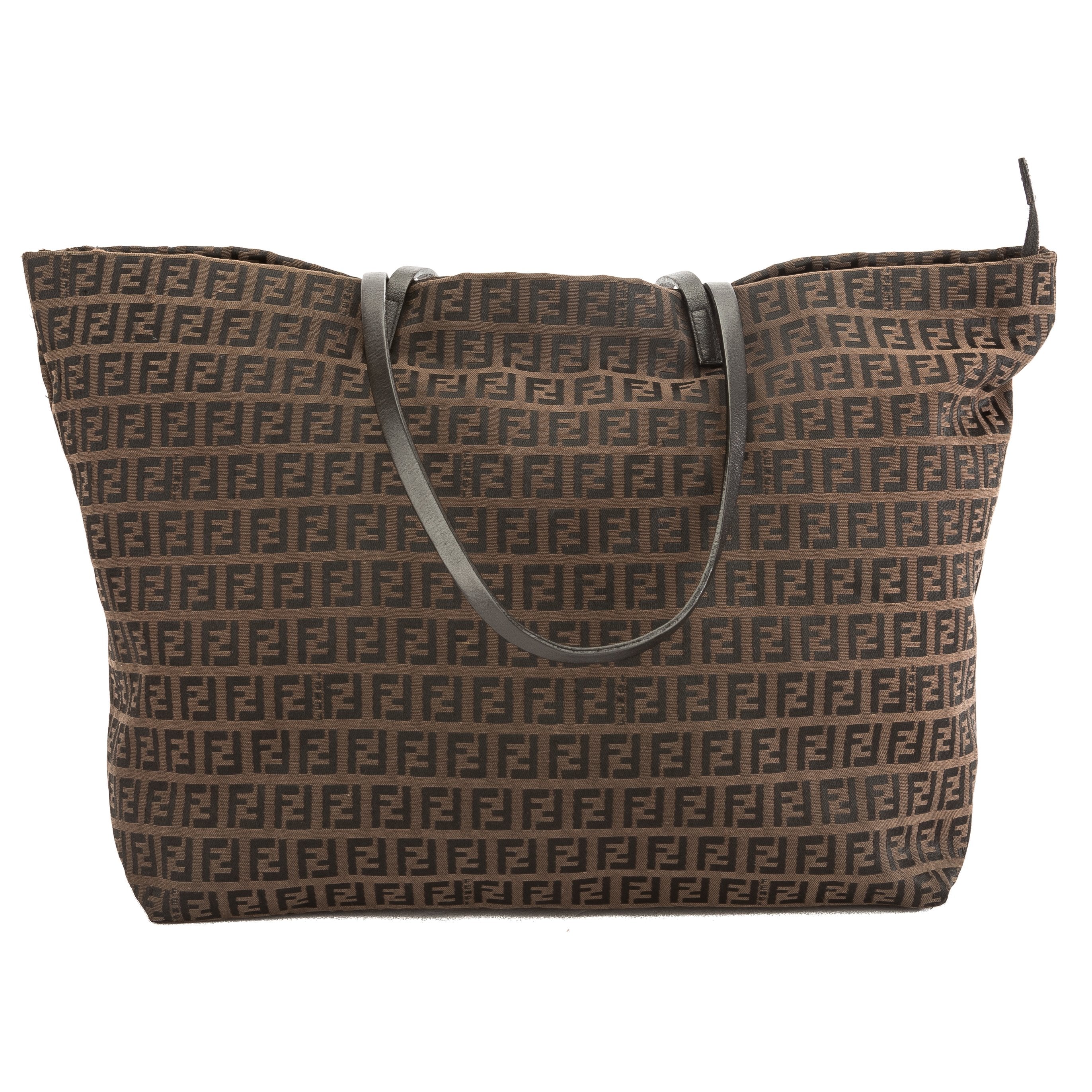 Fendi Brown Leather Zucca Nylon Canvas Tote Bag (Pre Owned)