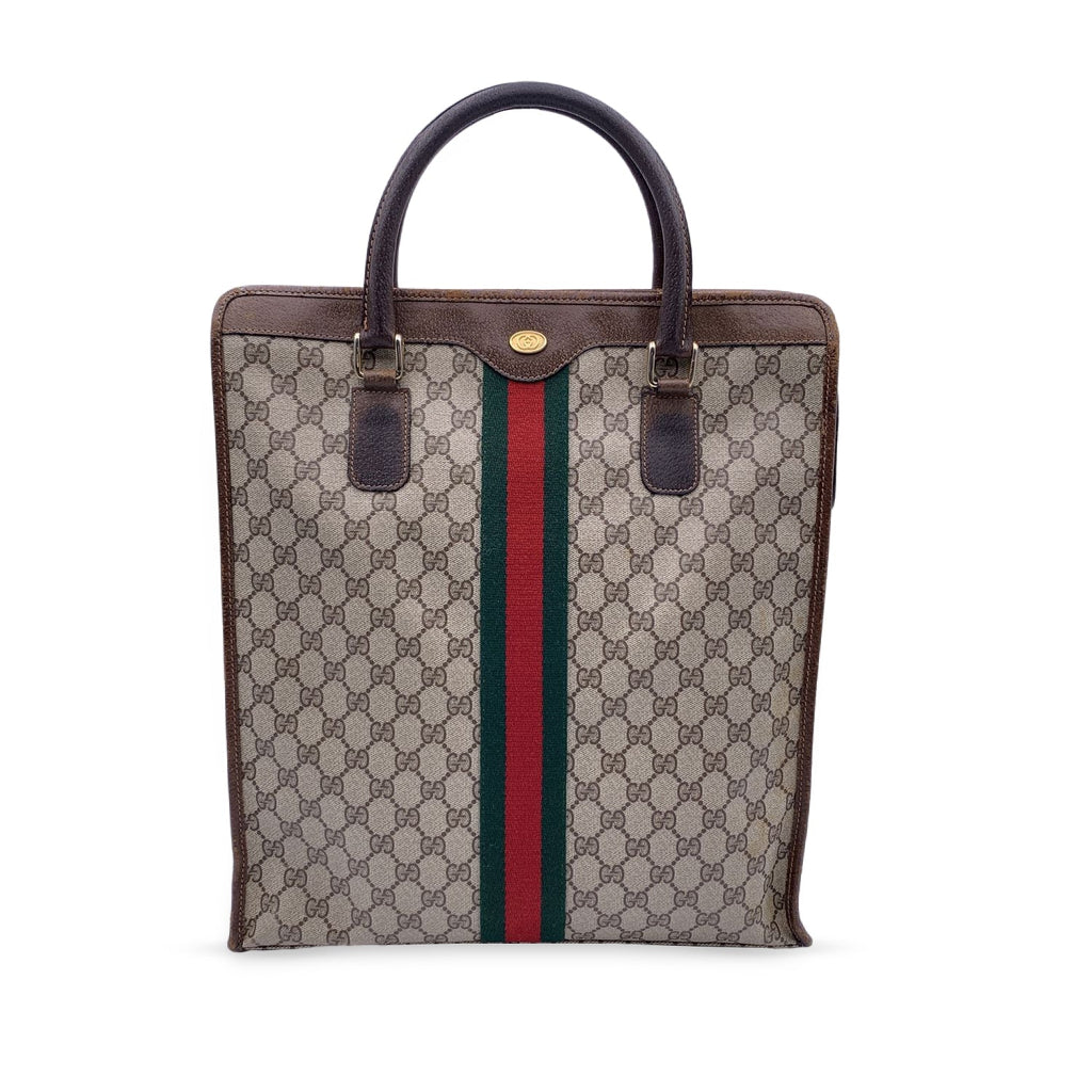 Gucci Vintage Brown Monogram Shopping Bag Tote with Stripes