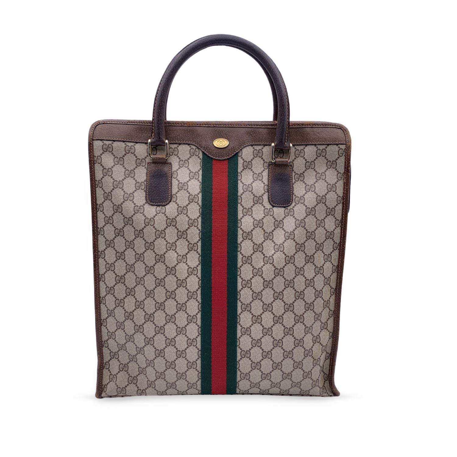 Gucci Vintage Brown Monogram Shopping Bag Tote with Stripes