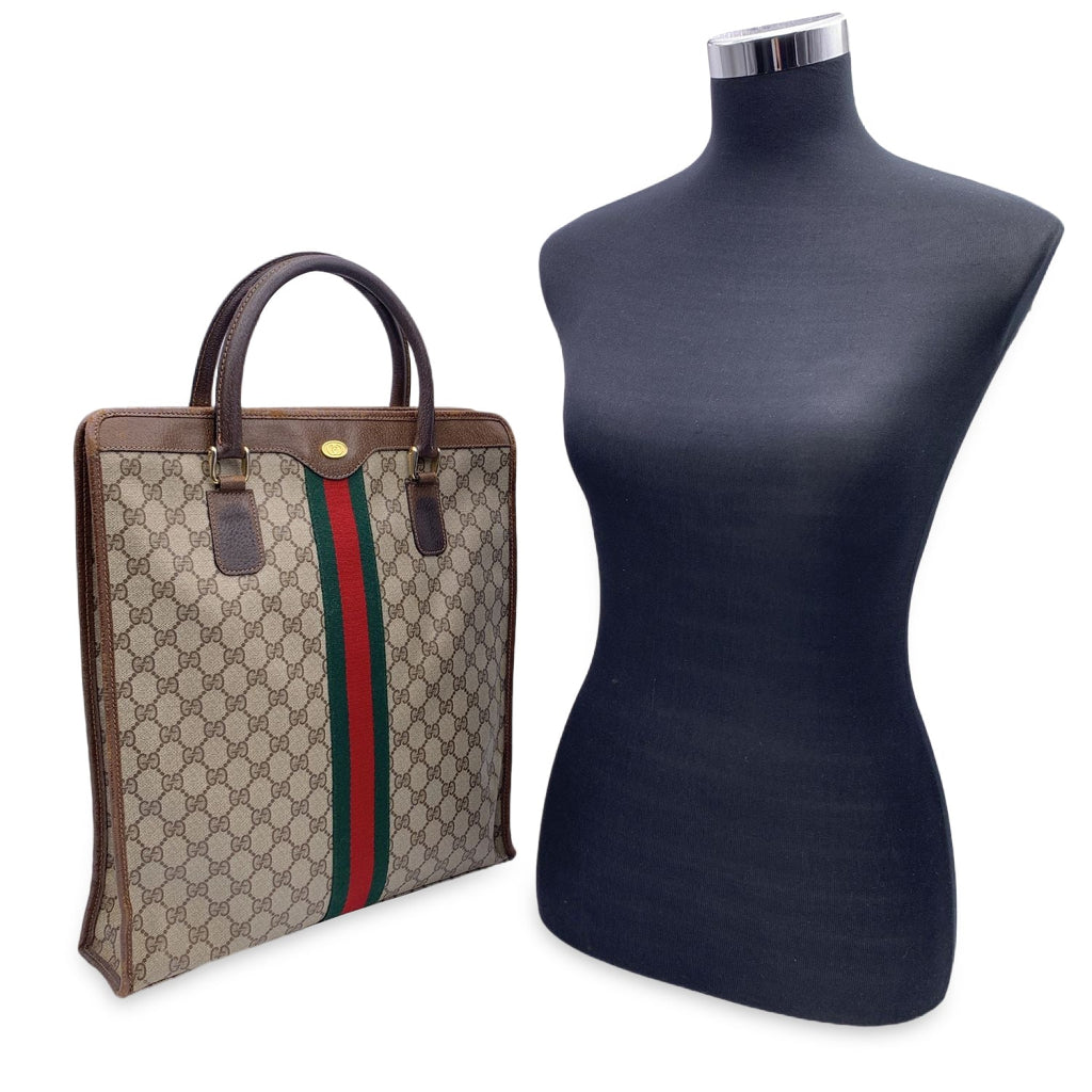 Gucci Vintage Brown Monogram Shopping Bag Tote with Stripes