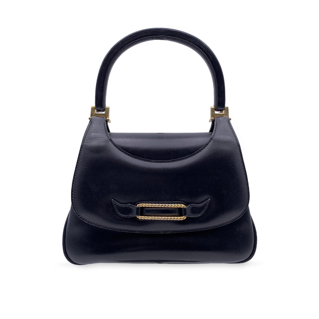 Gucci Vintage Black Leather Flap Handbag Top Handle Bag
