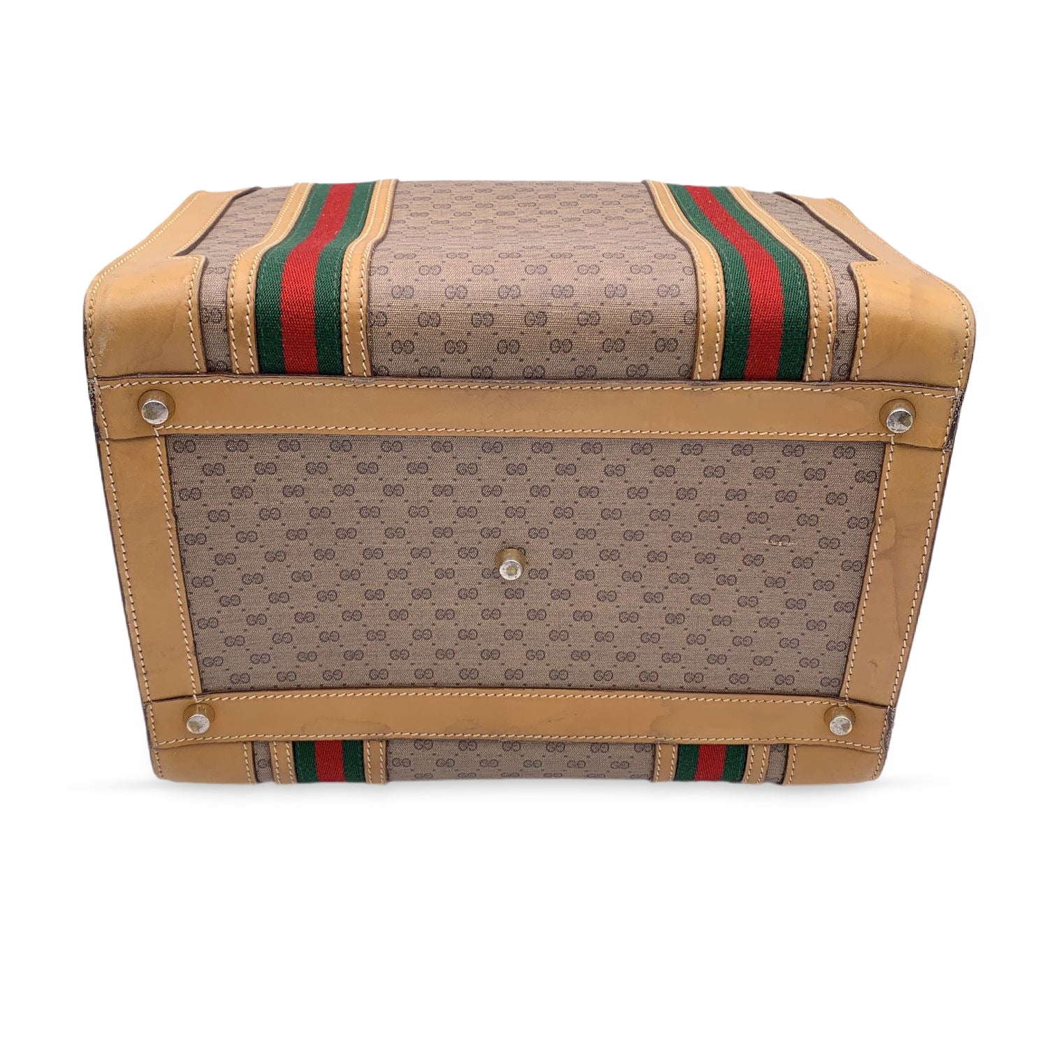 Gucci Vintage Beige Monogram Canvas Train Case Bag with Stripes