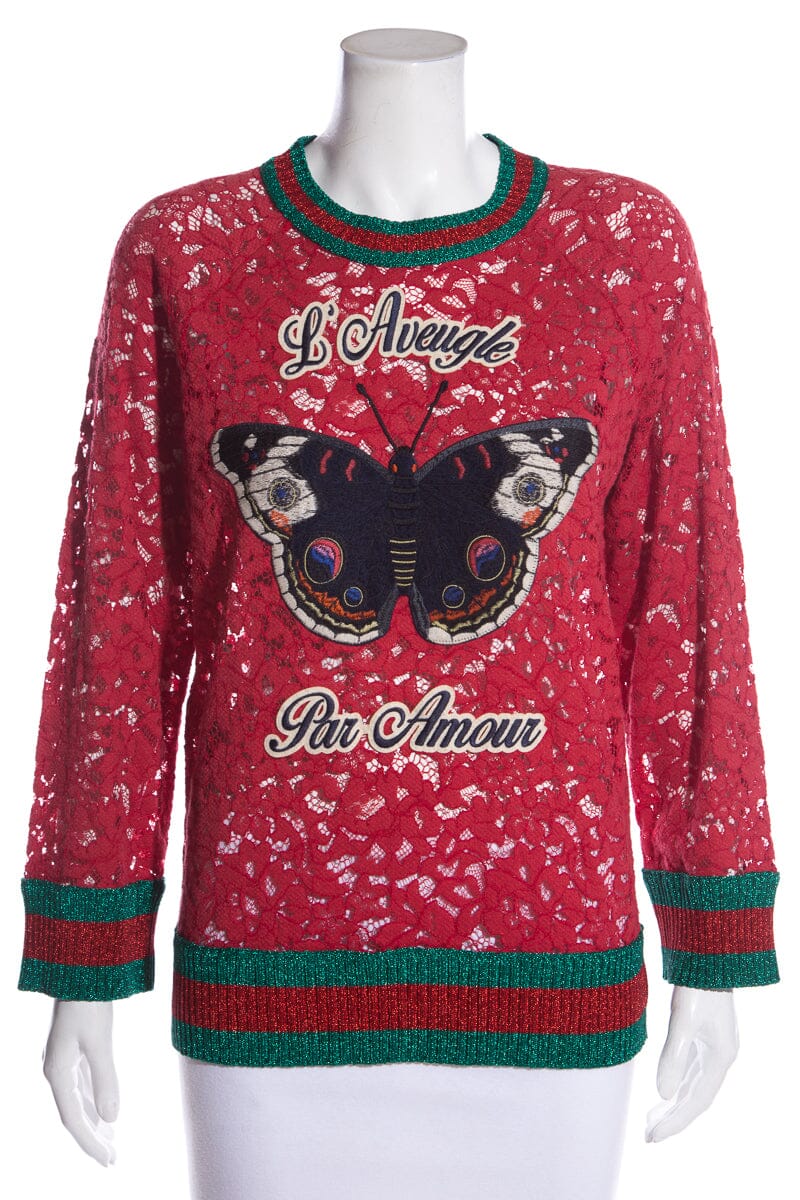 Gucci Red Lace Butterfly Embroidered Top SZ M