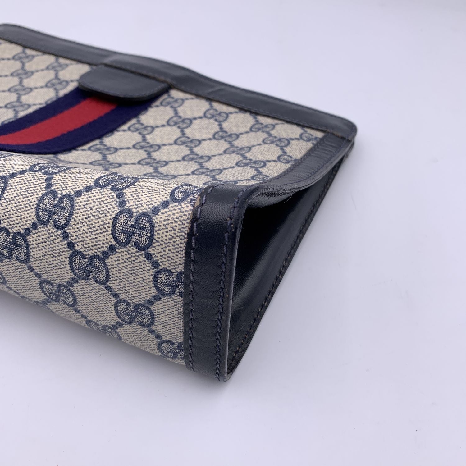 Gucci Vintage Blue Monogram Canvas Cosmetic Bag Clutch Stripes